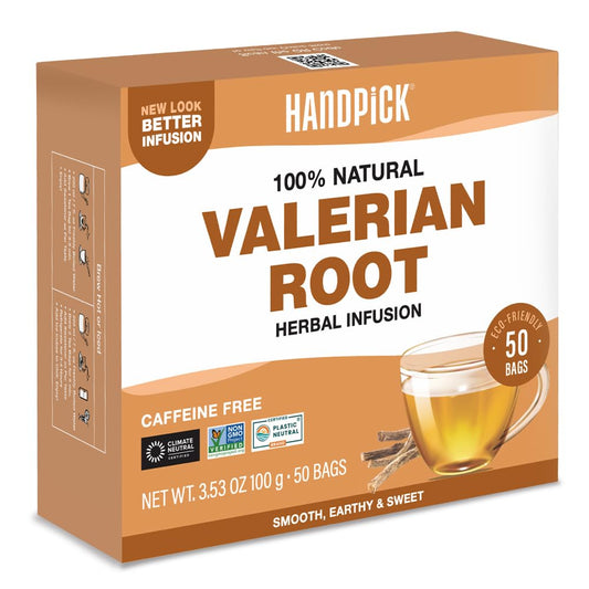 HANDPICK, Valerian Root Tea Bags (Valeriana) 50 Count | Non-GMO, Caffeine Free, Real Ingredients | Earthy/Woody Herbal Tea Bags | Round Eco-conscious Teabags
