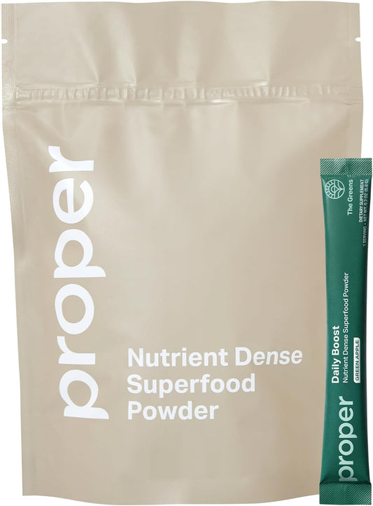 Proper, The Greens Daily Boost Organic Greens Powder. Whole Food, Apple Flavor Veggie Powder Superfood with Wheatgrass, Spirulina, Chlorella, Probiotics. Daily Drink Mix for Wellness and Digestion