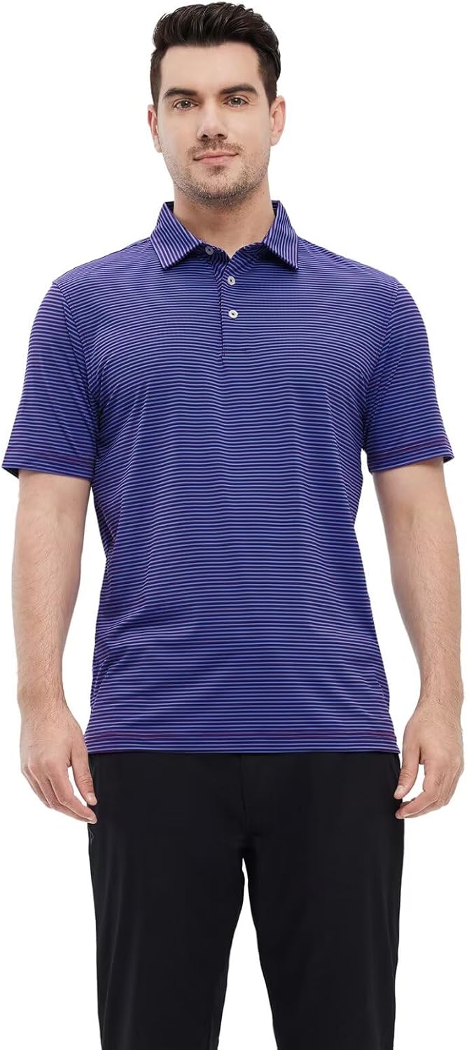 Men's Golf Polo Shirts Short Sleeve Striped Performance Moisture Wicking Dry Fit Golf Shirts for Men