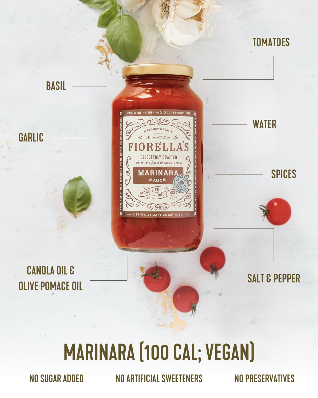 Fiorella's Marinara Pasta Sauce - Tomato Sauce Made with Fresh Ingredients - No Sugar Added, Vegan, Gluten Free, No Preservatives Added, Pasta Sauce, 25 Oz (Pack of 2)