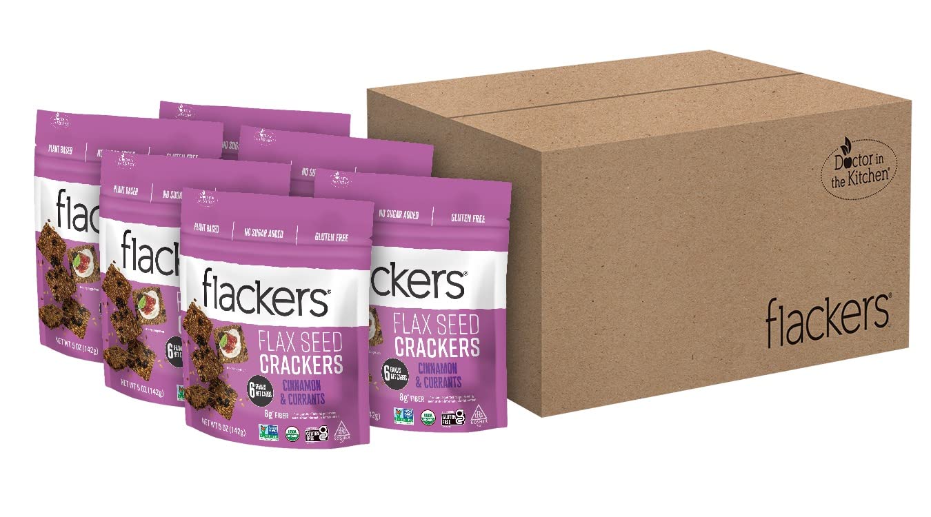 Flackers Organic Flax Seed Crackers Cinnamon & Currants, 5 Ounce 6-Pack, Gluten Free, Non GMO, Vegan, Naturally Sweet