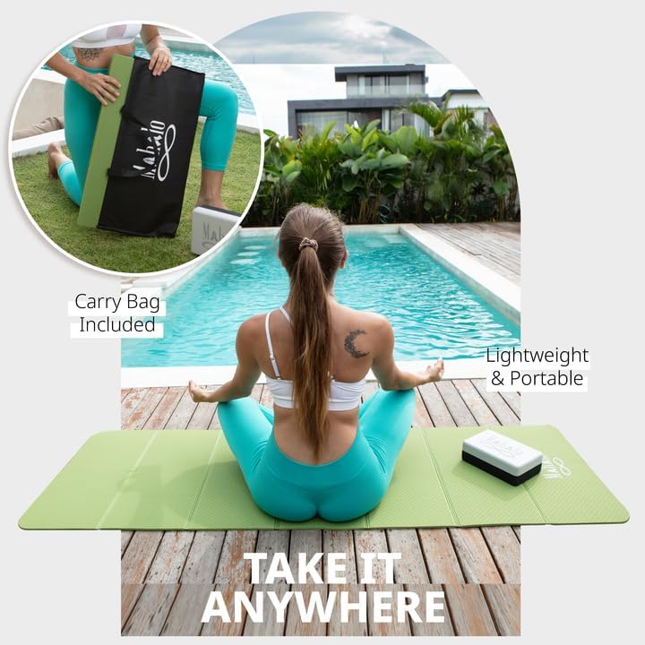 Foldable Yoga Mat + Carry Bag, 6mm 7-fold Workout Mat, Easy to Store, Anti-Slip Folding Exercise Mat for Yoga, Pilates, Home Workouts, and Floor Exercises