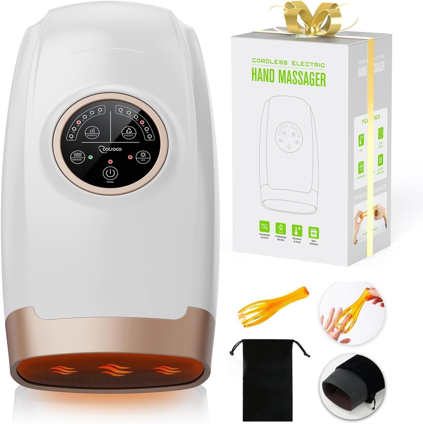 cotsoco Hand Massager with Heat and Compression, 6 Levels Hand Therapy for Arthritis and Carpal Tunnel Relief, Finger and Wrist Cordless Massager Machine for Pain Relief, Gifts for Women Men, White
