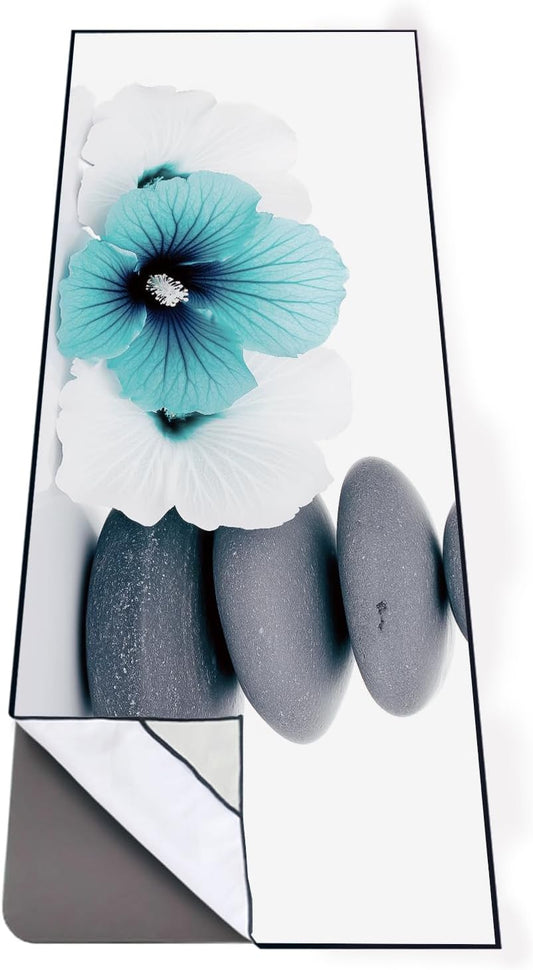 QiyI Large Yoga Mat Towel with Corner Pockets, Non Slip Sweat Absorbent Hot Yoga Towels, Soft Yoga Blankets Skidless Mat Cover for Workout, Gym, Fitness - 74"x26", Pebbles & Blue White Flowers