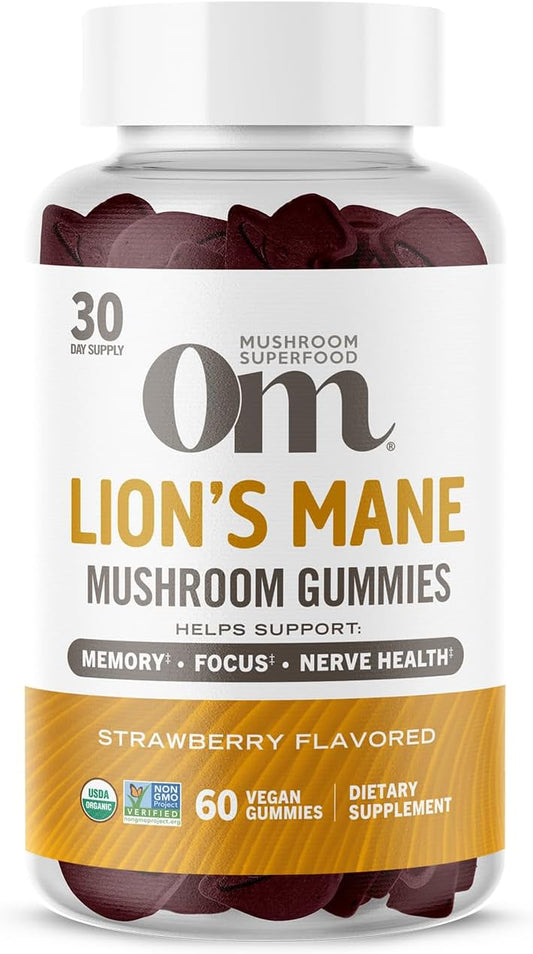 OM Mushroom Superfood Lion's Mane Gummies, 60 Count, 30 Servings, USA Grown Organic Mushrooms, Organic Nootropic Gummies for Memory, Focus and Mood