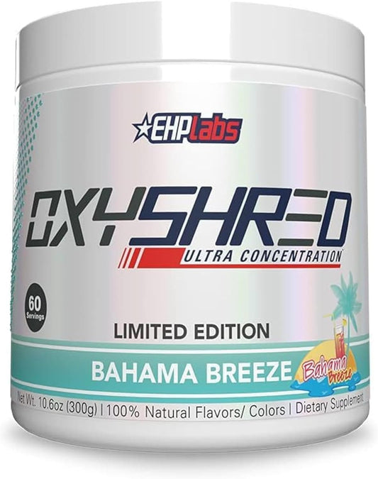 EHP Labs OxyShred Pre Workout Powder - Preworkout Powder with L Glutamine & Acetyl L Carnitine, Energy Boost Drink - Bahama Breeze, 60 Servings