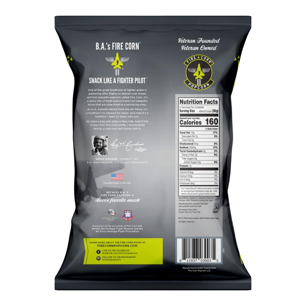 Fire Corn Popcorn Pack of 6 Real Jalapeno Popcorn Gluten Free, Spicy, Non-GMO, Healthy Snacks Founded & Owned by Combat Veteran, Original Flavor, 3.8 oz Sharing Bags