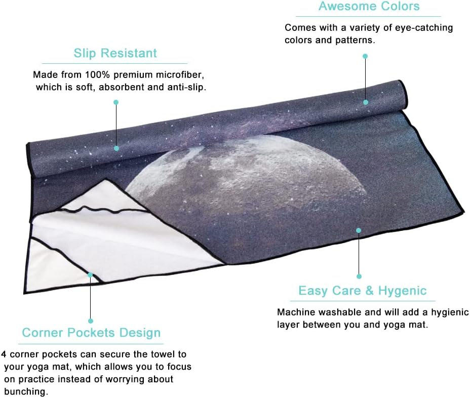 QiyI Yoga Mat Towel with Corner Pockets, Non Slip Sweat Absorbent Hot Yoga Towels, Soft Yoga Blankets with Travel Bag, Skidless Mat Cover for Workout, Gym, Fitness - 74"x26", Moon Cycle