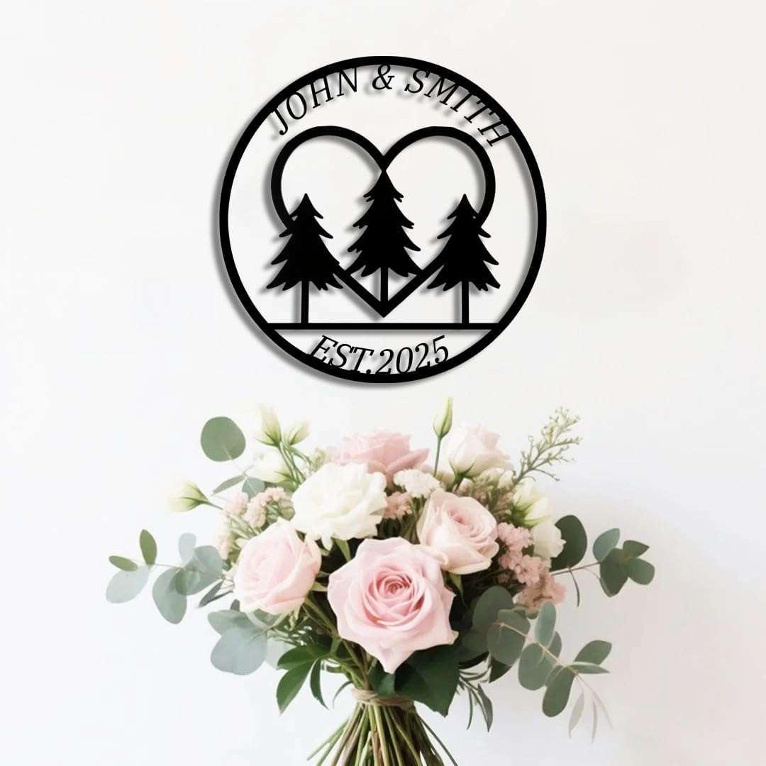 Custom Metal Sign with Pine Trees | Personalized Couple Love Metal Signs | Wedding Gift | Indoor Decor Gift for Women, Men, Wife, Parents, Couple