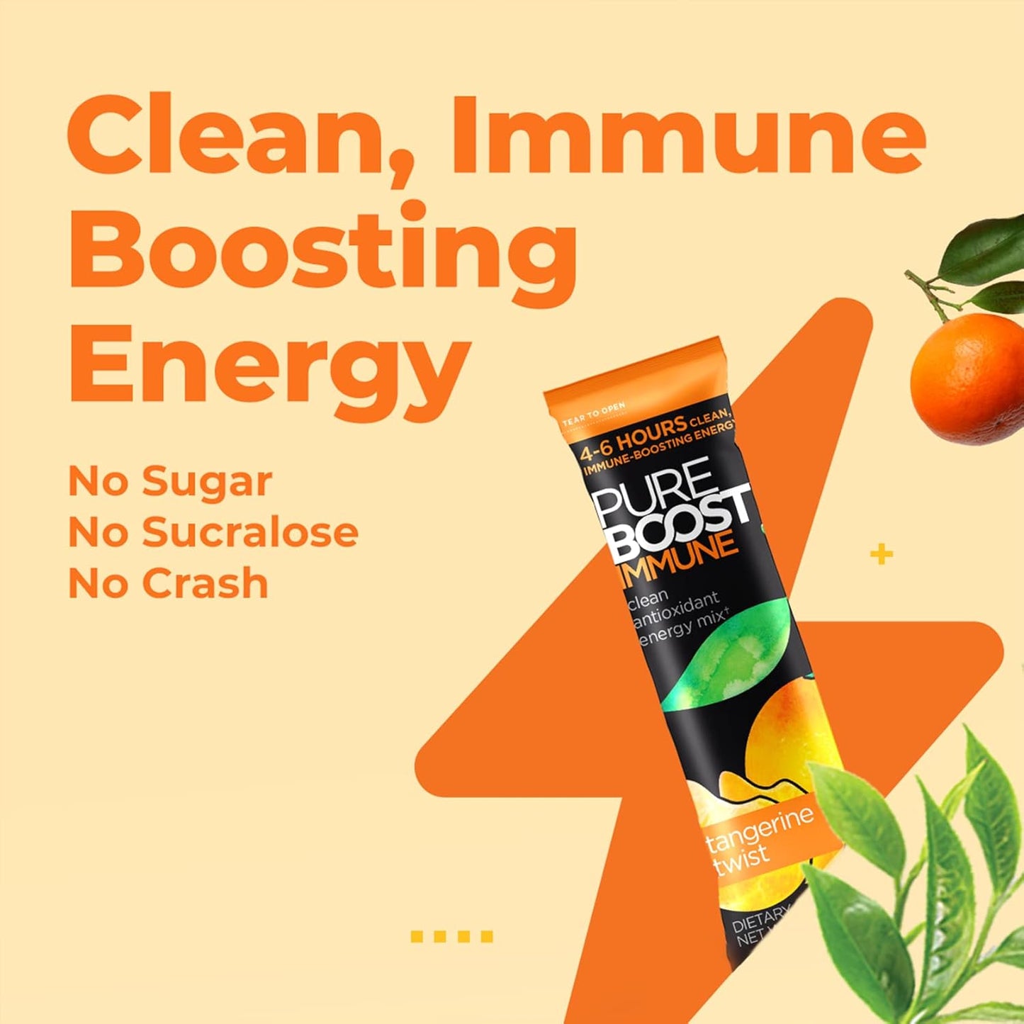 Pureboost Immune Clean Energy Booster, Refreshing Energy Drink Mix and Immunity Supplement with Elderberry, 1,200 mg Vitamin C, Vitamins A + D, and Zinc. (Tangerine Twist, 30 Count)