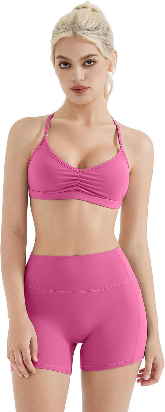 SUUKSESS Workout Sets for Women Padded Open Back Strappy Gym Set Criss Cross Yoga Sets 2 Pieces