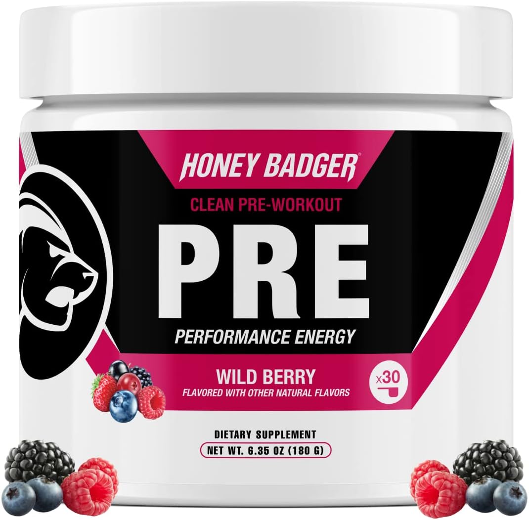 Honey Badger Pre Workout Powder, Keto Vegan Preworkout for Men & Women, Beta Alanine & Caffeine, Sugar Free Natural Energy Supplement, Wild Berry, 30 Servings