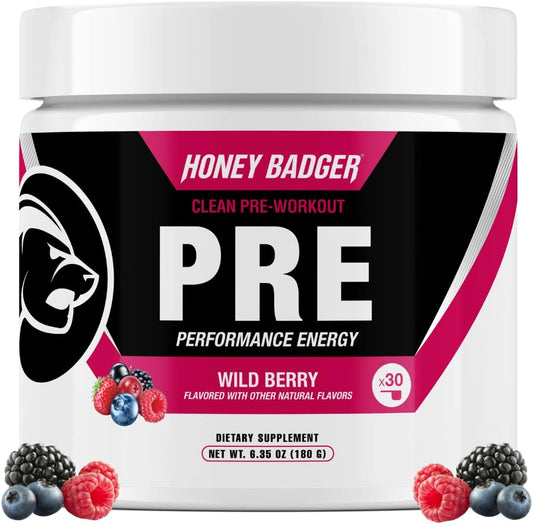 Honey Badger Pre Workout Powder, Keto Vegan Preworkout for Men & Women, Beta Alanine & Caffeine, Sugar Free Natural Energy Supplement, Wild Berry, 30 Servings