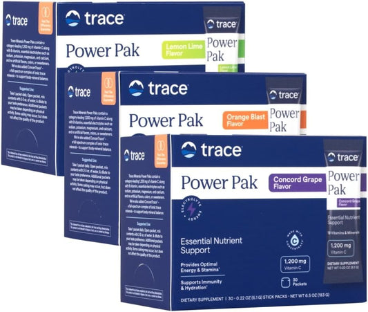 Trace Minerals Power Pak | Electrolyte + Vitamin C, Zinc, Magnesium | Supports Immunity, Hydration & Energy | Lemon Lime, Orange, Grape | 30 ct Variety Pack (3 Flavors)