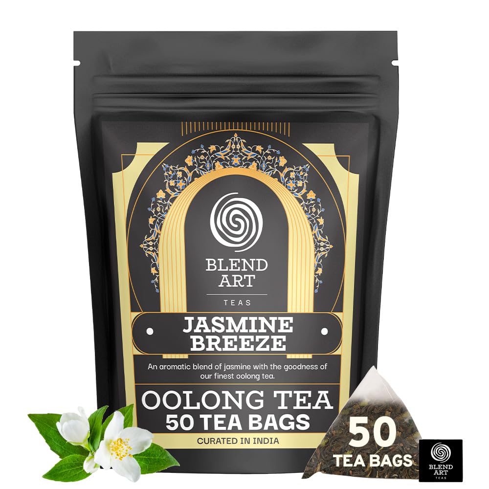 Blendart Jasmine Oolong Tea bags 50 Count | Oolong tea bags for weight loss | Premium High Mountain Oolong Tea leaves | Naturally Caffeinated Tea | Flower Scented Tea | Pyramid Tea bags