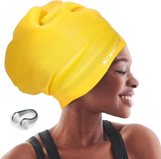 Keary Extra Large Swim Cap for Braids and Dreadlocks Extensions Weaves Long Hair, Waterproof Silicone Cover Ear Bath Pool Shower Swimming Cap for Adult Youth to Keep Hair Dry, Easy to Put On and Off