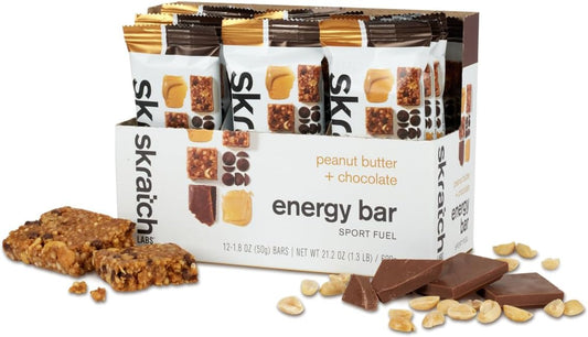 Skratch Labs Energy Bar | Peanut Butter + Chocolate (12 Pack) | Plant Based Healthy Snack | Low Sugar - 5g Protein | Non-GMO, Gluten Free, Soy Free, Vegan, Kosher