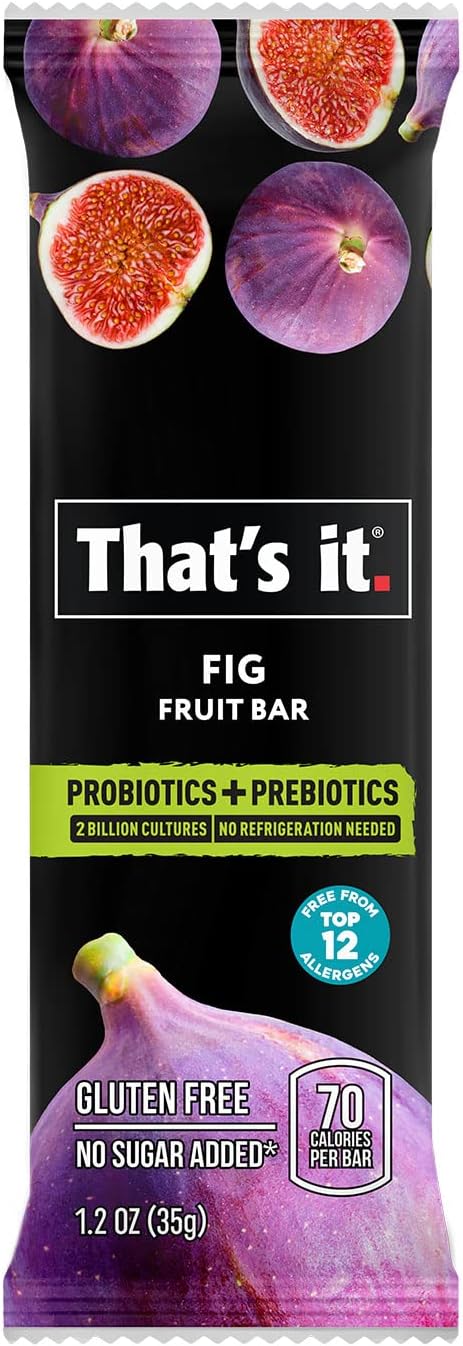 That's it. Fig Probiotic Fruit Bar Pack,. Just Real Fruit + Probiotics, 70 Calories Per Bar, All Natural, 2- Ingredients, Shelf Stable, Allergy-Friendly (12 Count)