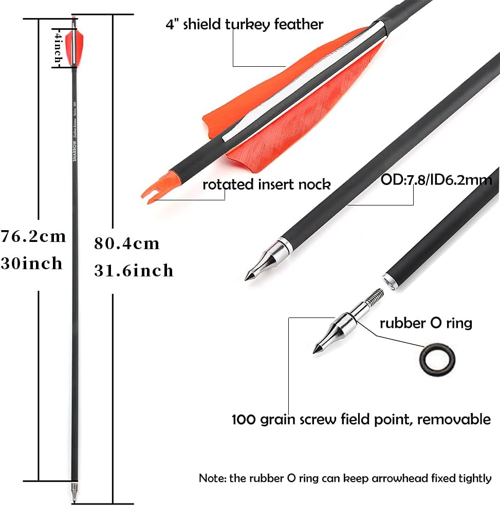 ZSHJGJR 30 Inch Archery Carbon Arrows Hunting Arrows with 4” Turkey Feather Target Practice Arrows Spine 500 for Compound & Recurve &Traditional Bow 6/12pcs