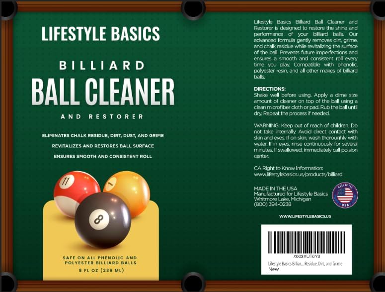 Billiard Ball Cleaner and Restorer Polish | All-in-One Pool Ball Cleaner | Removes Chalk Residue, Dust, Dirt, and Grime