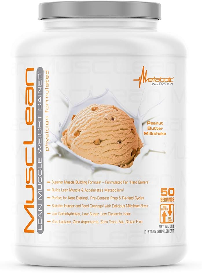 Metabolic Nutrition - Musclean - Milkshake, Whey High Protein Meal Replacement, Maintenance Nutrition, Low Carb, Keto Diet, Digestive Enzymes, Peanut Butter, 5 Pound (50 ser)