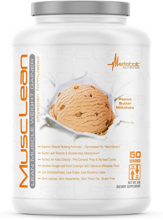 Metabolic Nutrition - Musclean - Milkshake, Whey High Protein Meal Replacement, Maintenance Nutrition, Low Carb, Keto Diet, Digestive Enzymes, Peanut Butter, 5 Pound (50 ser)