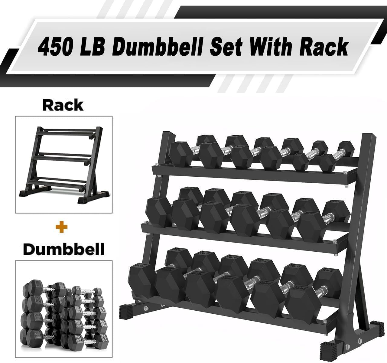 350LB 450LB 550LBS Rubber Hex Dumbbell Sets with Rack for Home Gym, 5-50LB Dumbbell Sets Coated Hand Weights for Strength Training, Workouts (5, Pounds)
