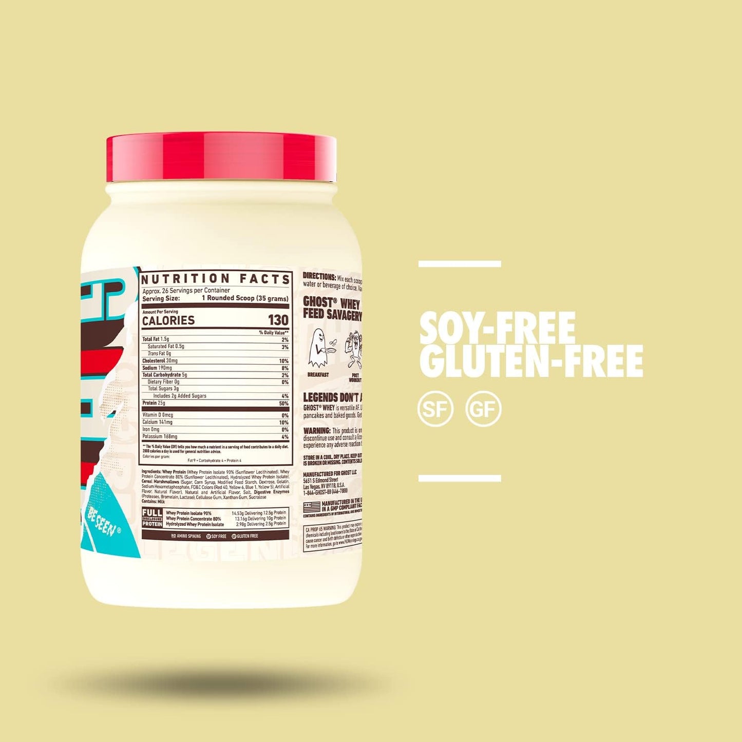 GHOST Whey Protein Powder, Marshmallow Cereal Milk - 2LB, 25G of Protein - Whey Protein Blend - ­Post Workout Fitness & Nutrition Shakes, Smoothies, Baking & Cooking - Soy & Gluten-Free