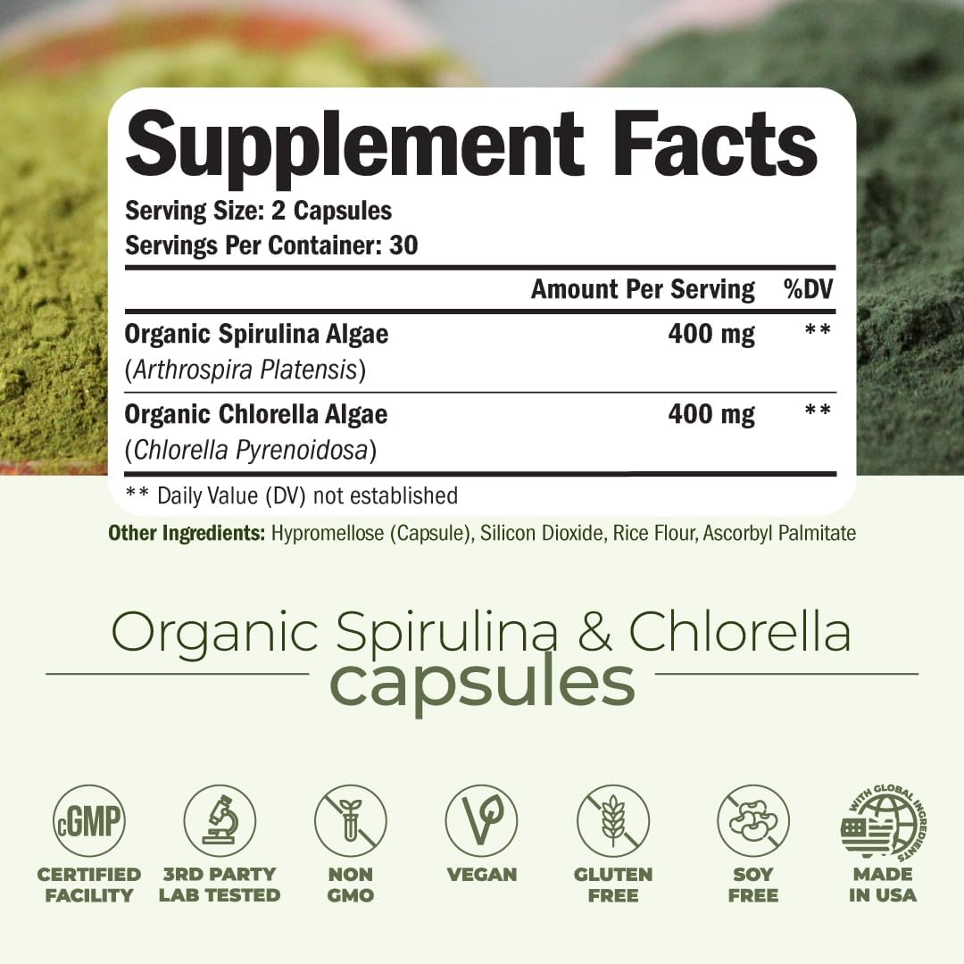 Organic Spirulina and Chlorella Capsules - Spirulina Capsules with Chlorella Powder for Immune, Antioxidant & Energy Support. Nutritious Super Green. Vegan & Non-GMO. Third Party Tested. 60 Caps