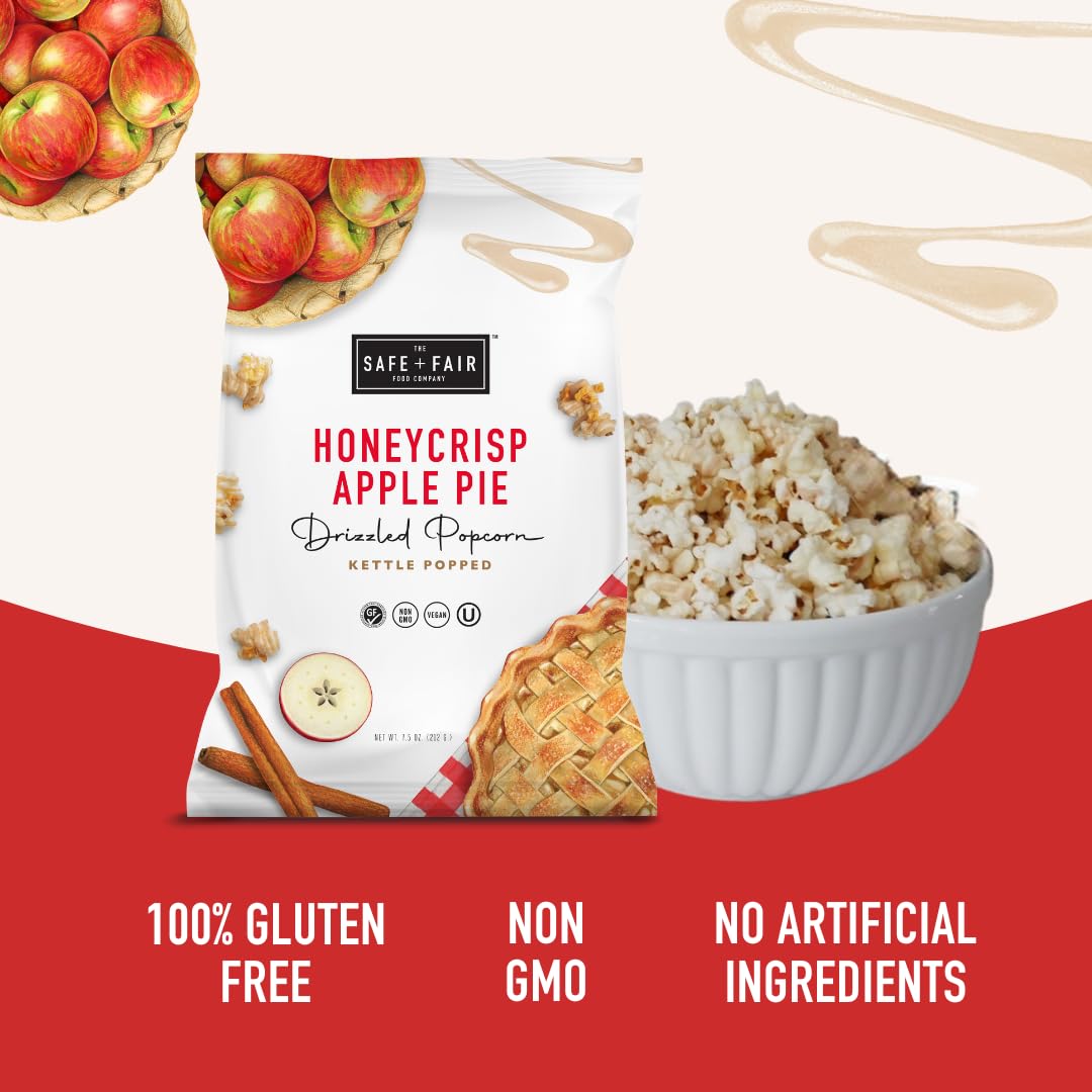 Safe + Fair Plant-Based Gourmet Apple Pie Flavored Popcorn - Honeycrisp Apple Pie Drizzled Kettle Corn Popcorn Non-GMO Gluten-Free Snacks 5.5 ounce, 6 Pack