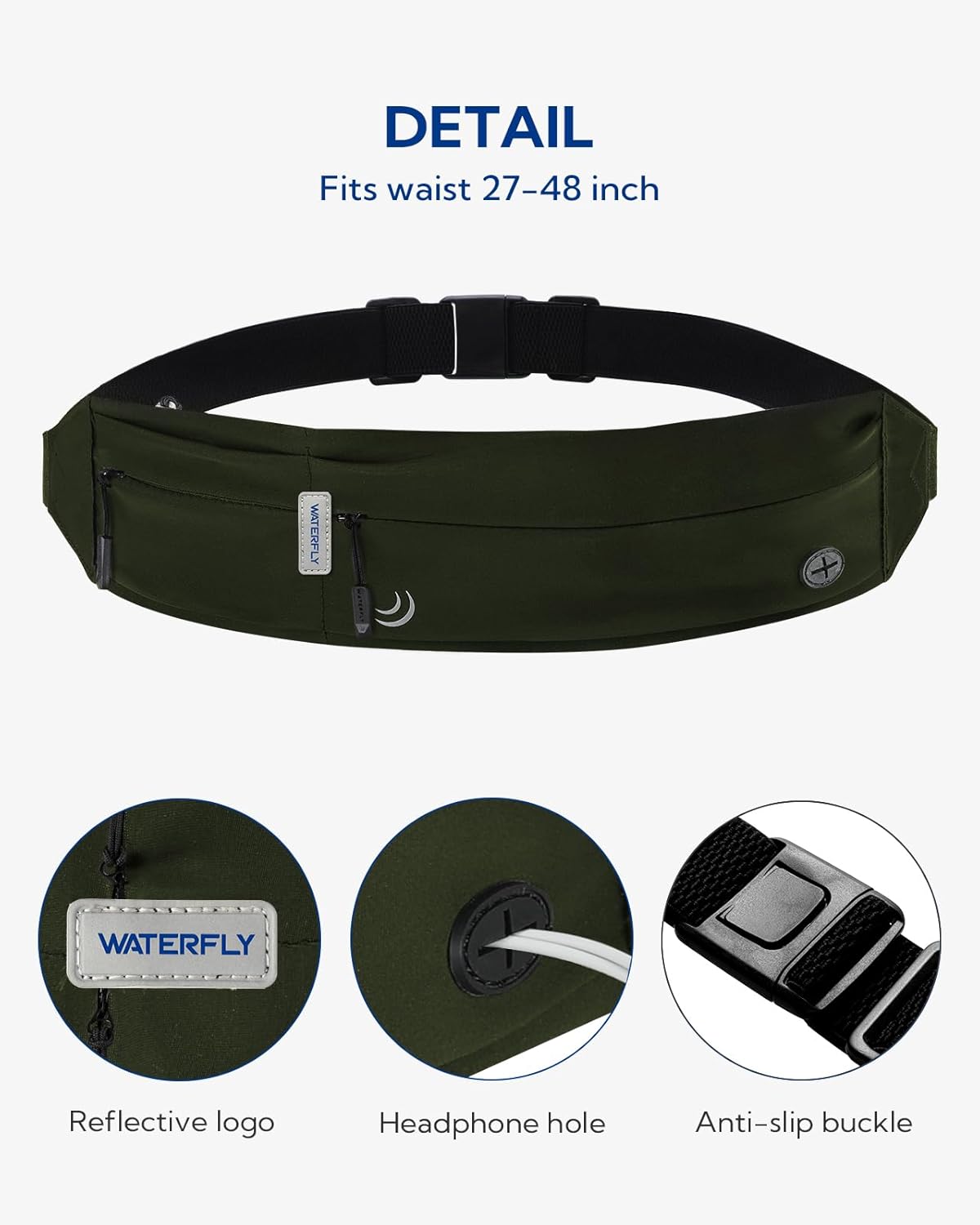 WATERFLY Running Belt Fanny Pack: Runner Marathon Jogging Waist Pack Sport Workout Exercise Fitness Phone Holder Belt for Men Women Jogger Slim Waistband
