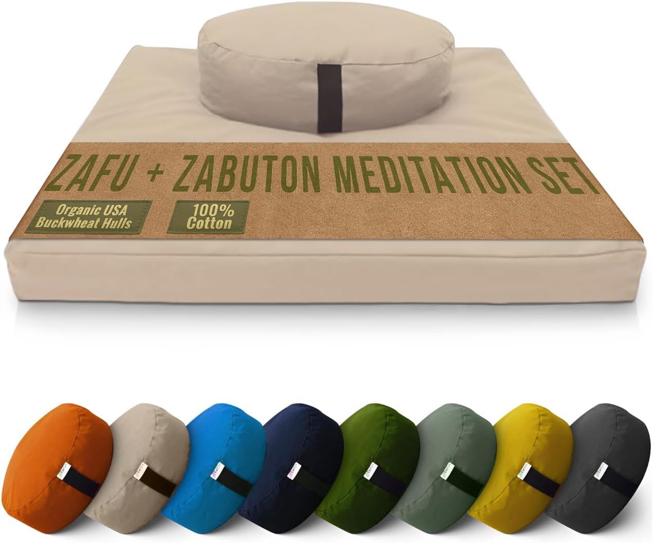 Bean Products Meditation Cushion Mat Set - Zafu Floor Pillow Organic Buckwheat Pillow + Cotton Filled Zabuton Prayer Pad - Meditation Pillow Yoga Knee Pad - Made in USA - 14" Round or 18" Oval