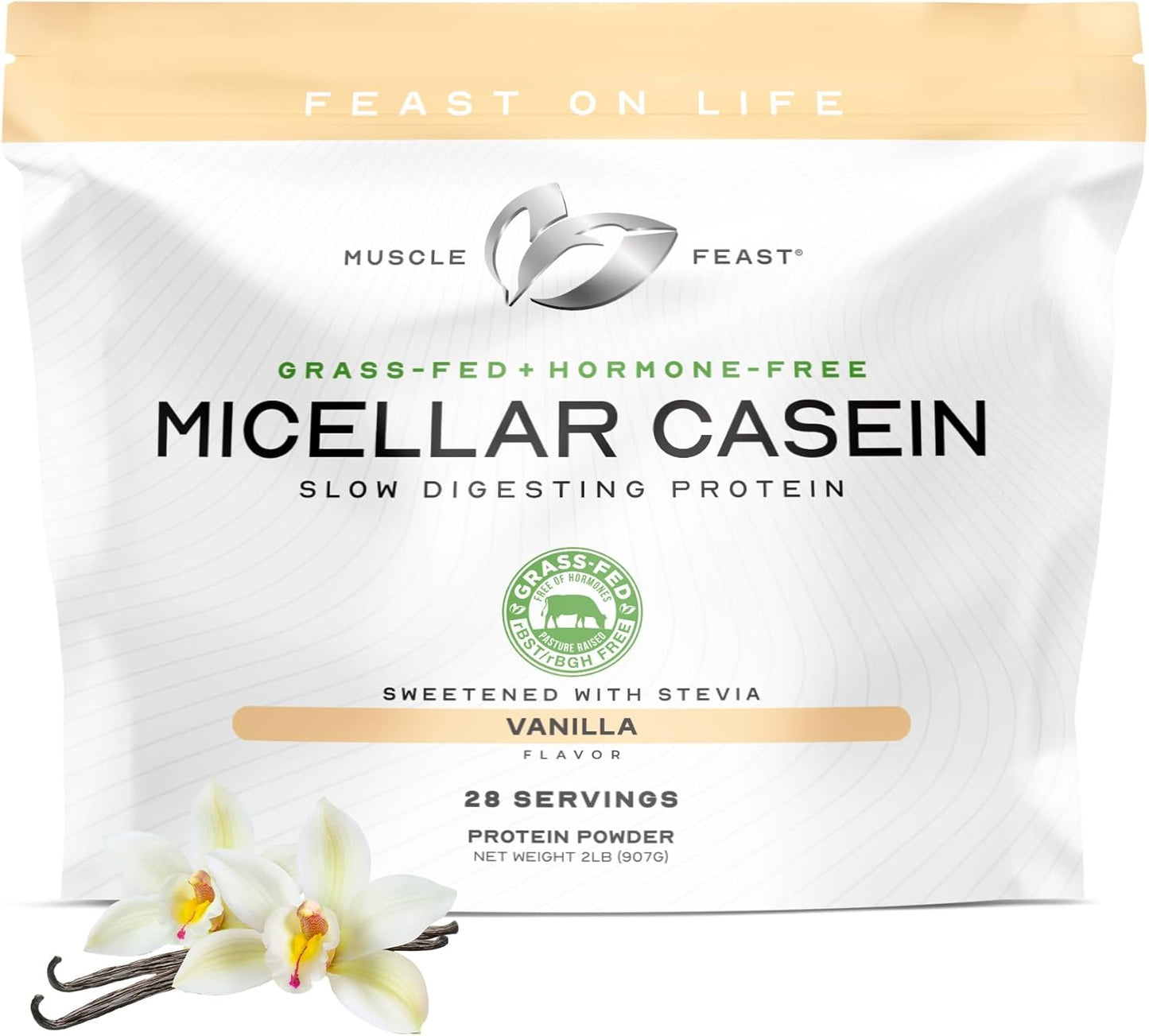 Muscle Feast Grass Fed Micellar Casein Protein Powder, Pasture Raised & Hormone Free, Slow Digesting Casein Protein - Supports Overnight Muscle Recovery, Gluten Free Protein Powder - Vanilla, 2lb