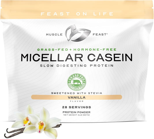 Muscle Feast Grass Fed Micellar Casein Protein Powder, Pasture Raised & Hormone Free, Slow Digesting Casein Protein - Supports Overnight Muscle Recovery, Gluten Free Protein Powder - Vanilla, 2lb
