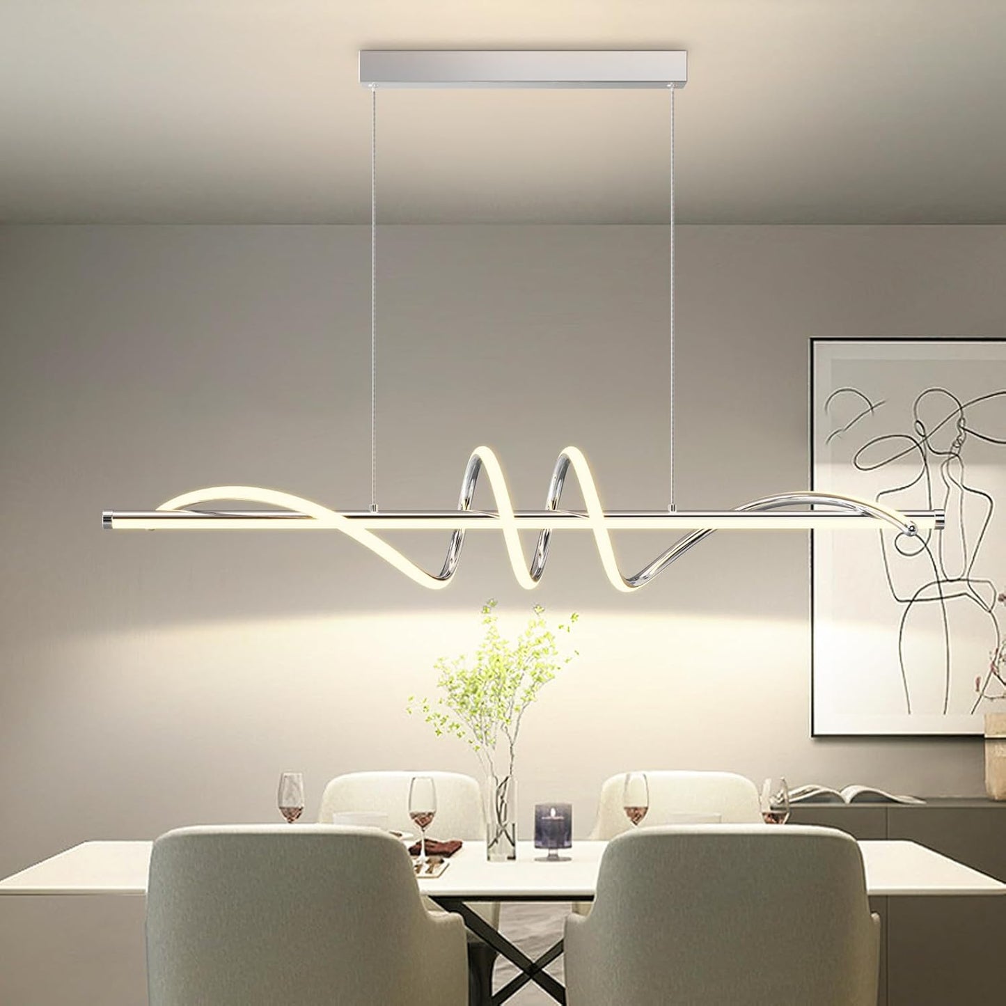 Modern LED Pendent Lights Kitchen Island,3000k-6000K Adjustable Color Dining Room Light Fixture,Dimmable with Remote Control Aluminum for Kitchen, Living, Dining,Bedroom(39in Chrome Silver