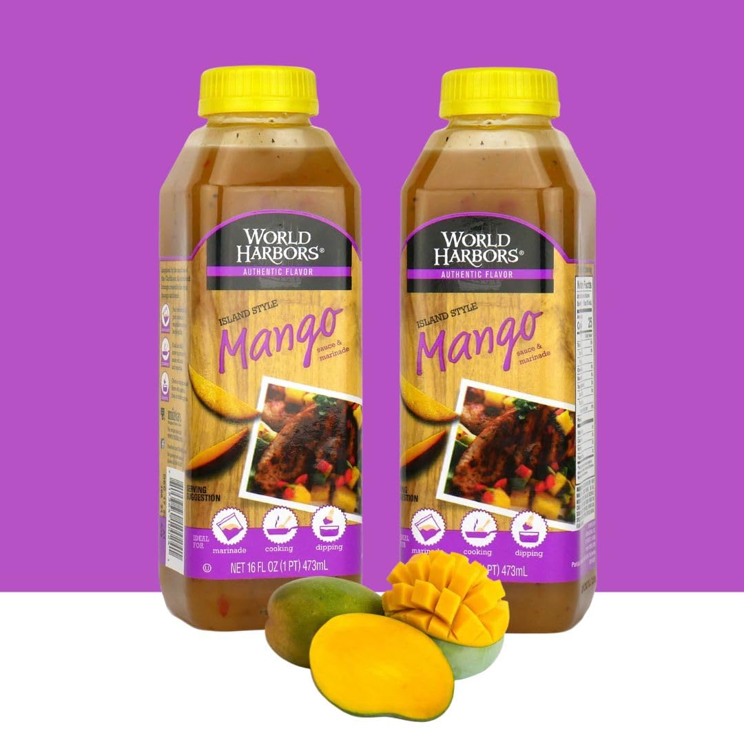 World Harbors Island Mango Sauce & Marinade - Low-Calorie, Sweet & Tangy Perfect Sauce for Chicken, Fish, Beef, Wings, Dipping, Stir-Frying, Salad Dressing. Made in USA 16-Fl Oz Bottle (Pack of 3)