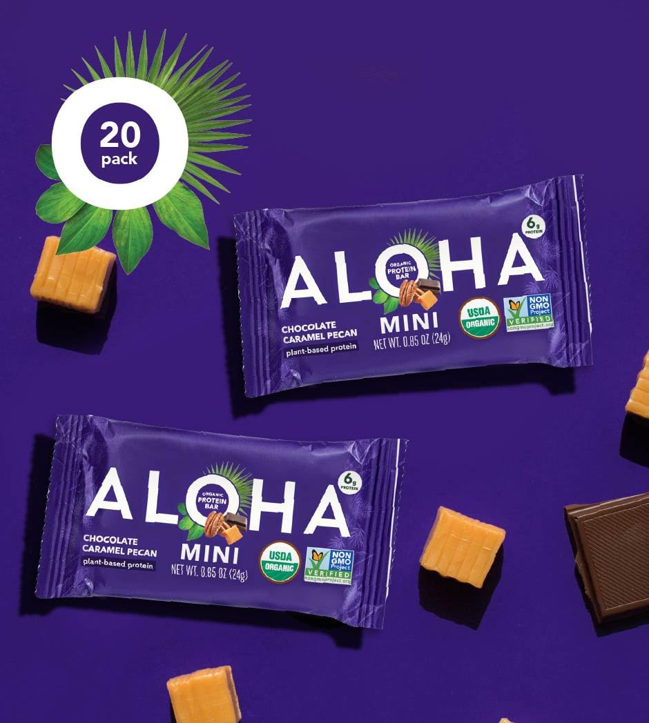 ALOHA Organic Plant Based Protein Bar MINIS |Caramel Chocolate Pecan | 20 Count, 24g Bars | Vegan, Low Sugar, Gluten Free, Low Carb, Non-GMO, Stevia Free, Soy Free, No Sugar Alcohols