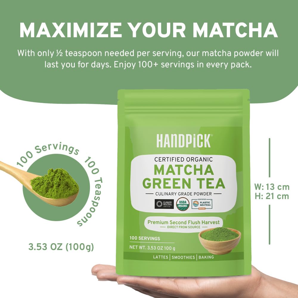 HANDPICK Japanese Organic Matcha Green Tea Powder (100 Servings) - Authentic Premium Second Flush Harvest | Resealable Ziplock Pouch