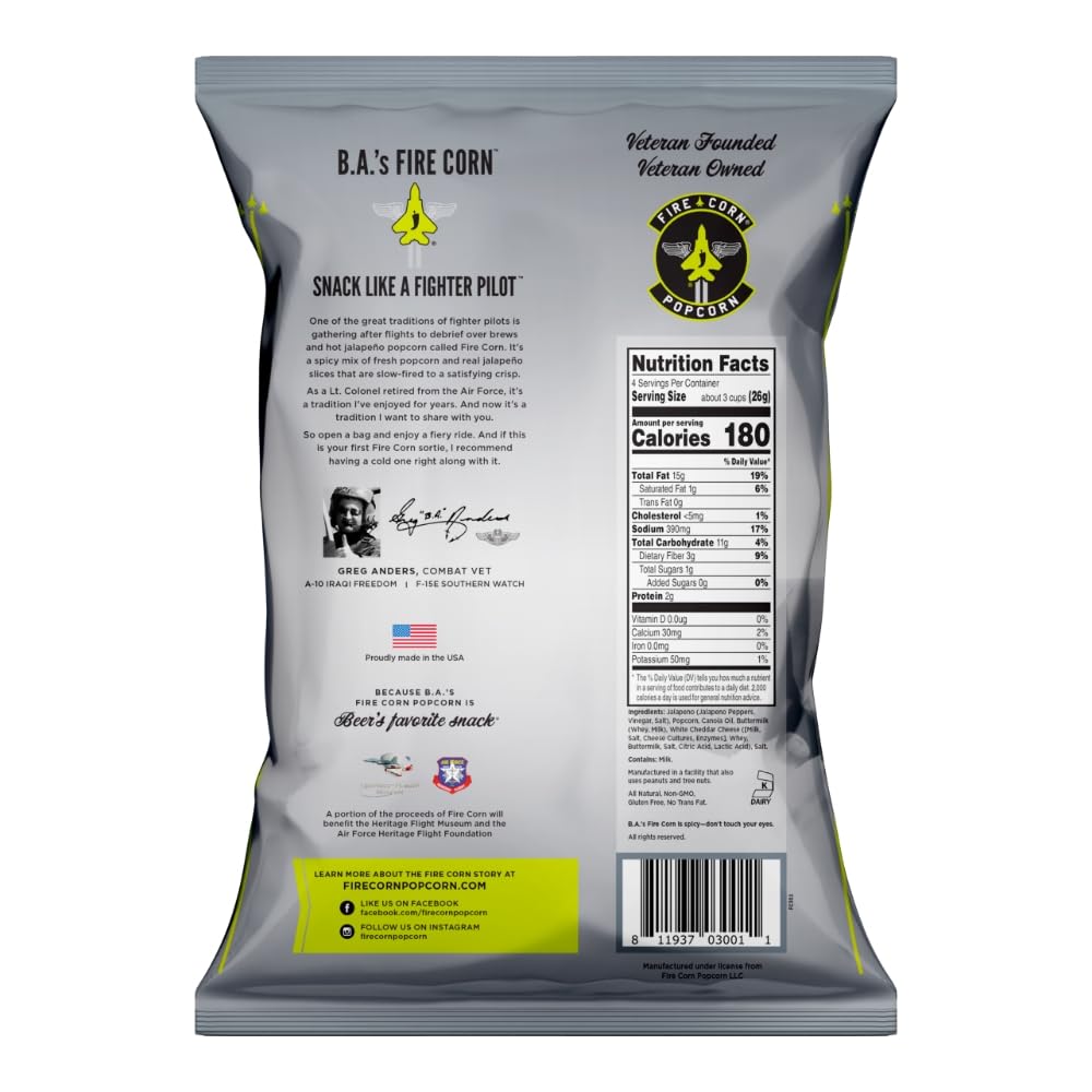 Fire Corn Popcorn Pack of 6 Real Jalapeno Popcorn with White Cheddar Flavor Gluten Free, Spicy, Non-GMO, Healthy Snack Founded & Owned by Combat Veteran, 4.5 oz Sharing Bags