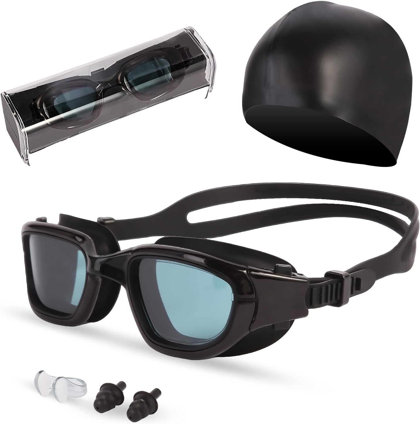 Swim Goggles, Goggles Adult with Swimming Cap, Nose Clip & Ear Plugs, UV Protection Anti-Fog Lens and Case for Adult