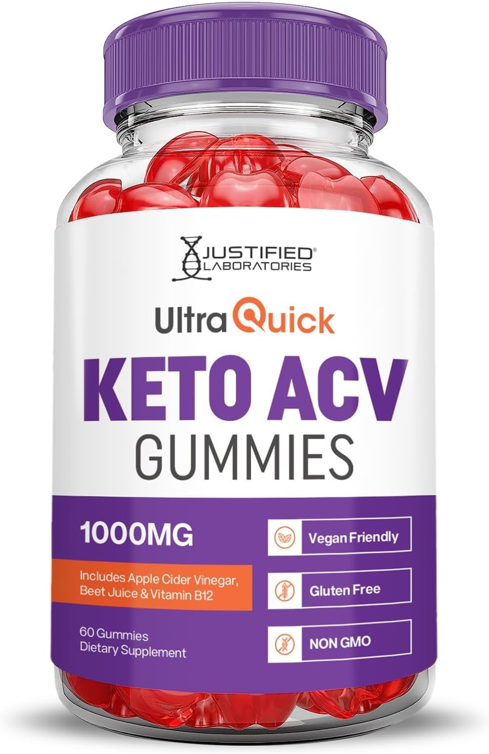 Justified Laboratories (5 Pack Ultra Quick Keto ACV B12 Vegan Non GMO 300 Gummies