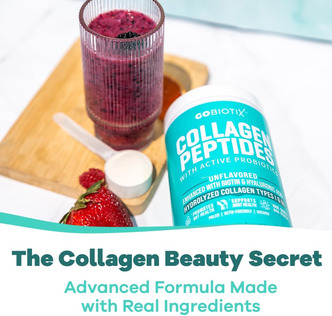 GOBIOTIX Collagen Powder Supplement with Probiotics - Hydrolyzed Protein Collagen Powder for Women - Hair Skin and Nails, Joint and Digestive Health - Collagen Peptides Type I and III - 30 Servings