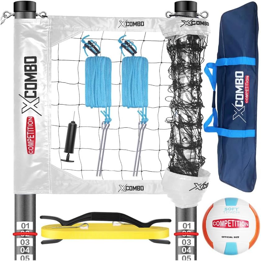 Professional Volleyball Net Set Heavy Duty for Outdoor Backyard Portable with Aluminum Adjustable Height Scoring Poles, Regulation Nets System for Tournament, Grass