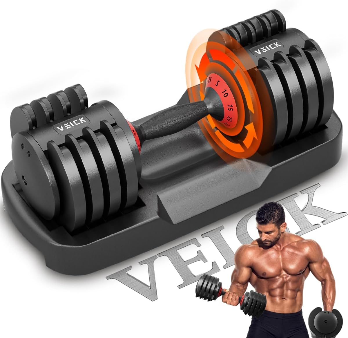 VEICK 25/55 lbs Adjustable Dumbbell with Anti-Slip Turning Handle, Fast Adjust Weight for Men Women, Exercise Equipment with Tray for Home Gym Full Body Workout Fitness