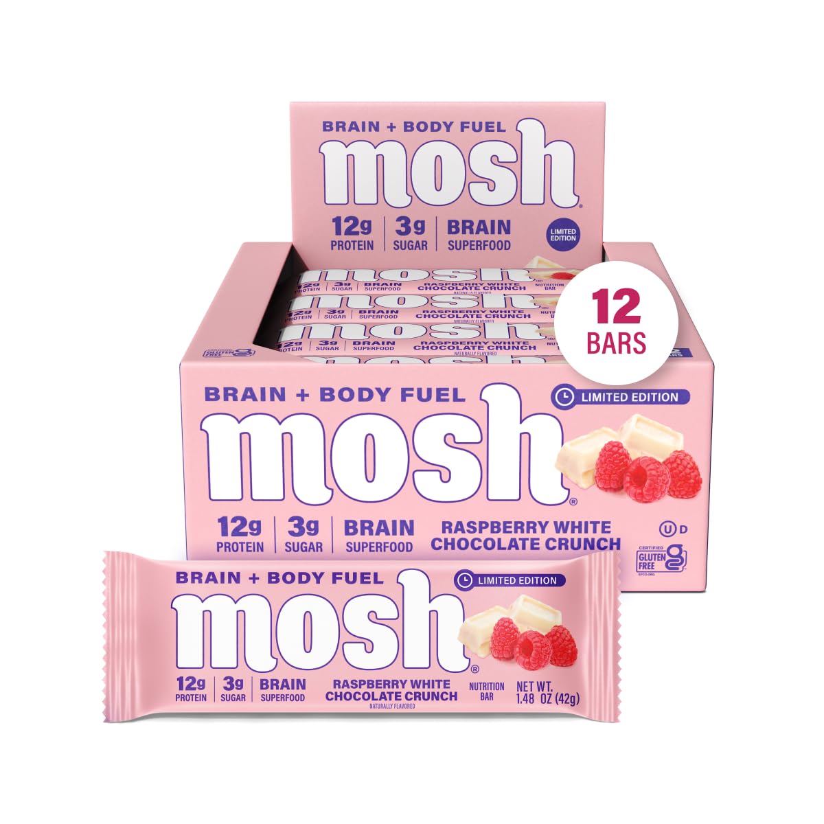 MOSH Raspberry White Chocolate Crunch Keto Protein Bars, High Fiber, Low Carb, Gluten Free, High Protein, Brain Healthy Snack, 12 Count