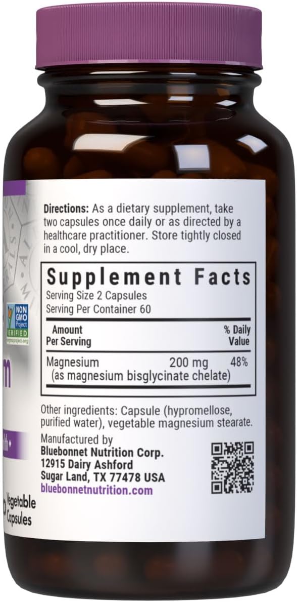 Bluebonnet Nutrition Albion Chelated Magnesium Vegetable Capsule, 200 mg, Stress Relief, Vegan, Non GMO, Gluten Free, Soy Free, Milk Free, Kosher, 120 Vegetable Capsule, 2 Month Supply
