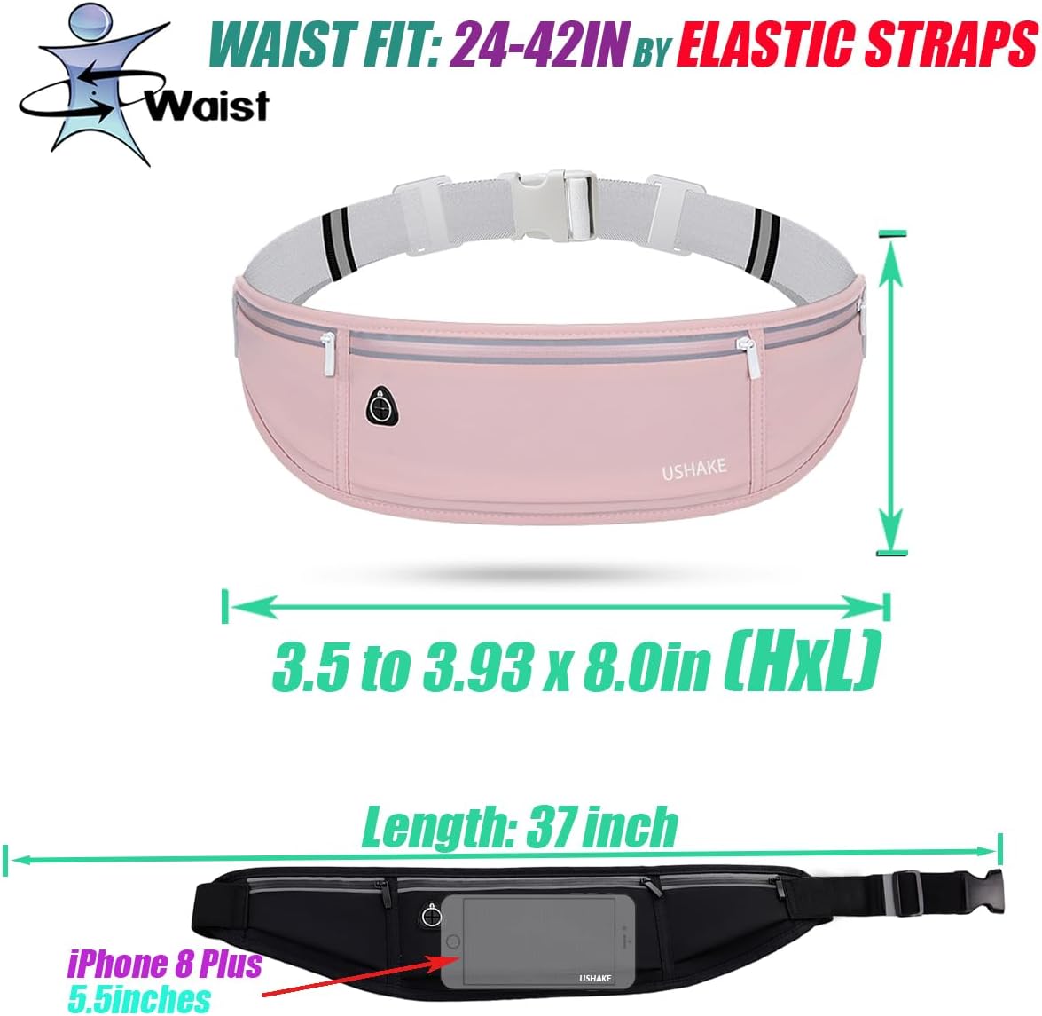 USHAKE Slim Running Belt, Workout Fanny Pack for Men Women,Exercise Waist Pack for Apple iPhone Holder, Runner Belt for Running Walking Cycling Camping Gym Light Pink
