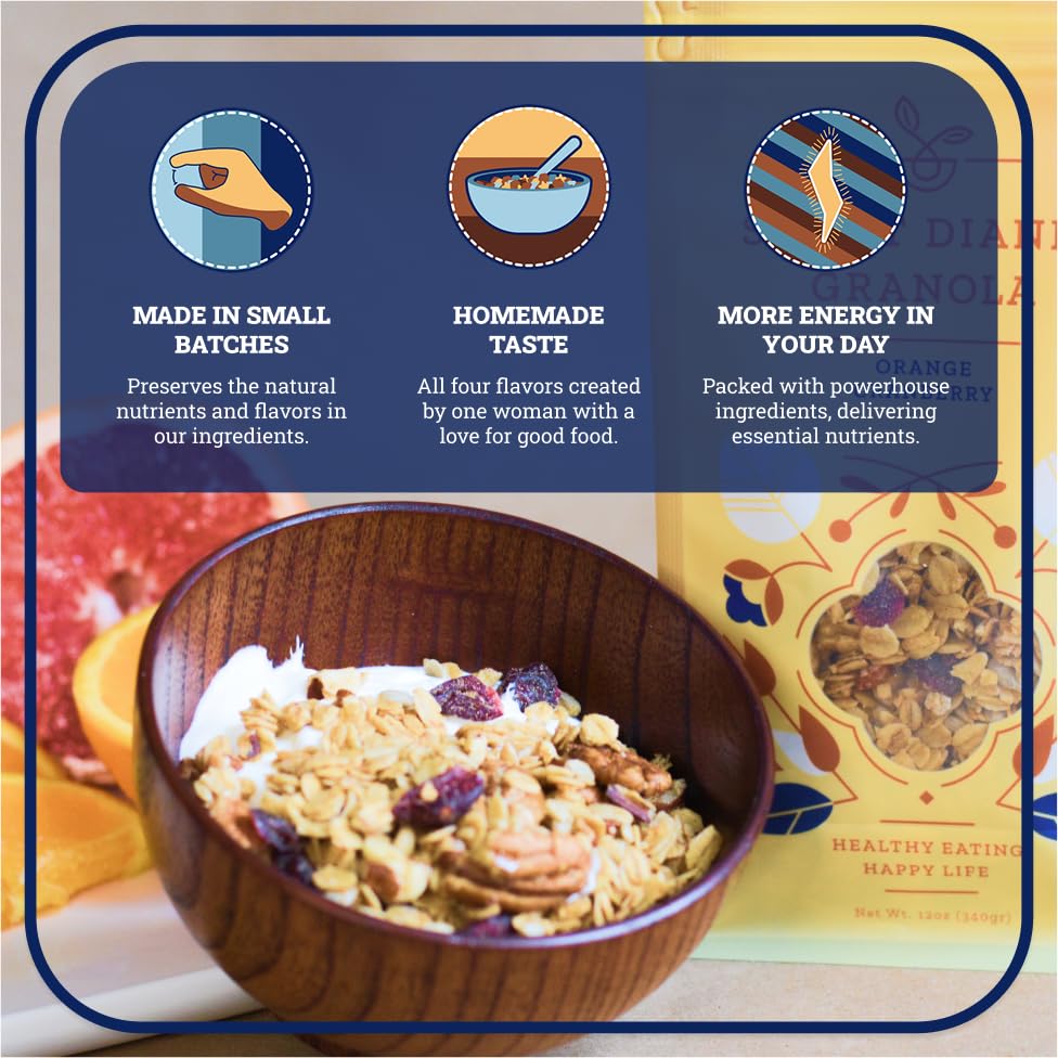 Sweet Diane’s Granola – Standard Size (12 oz): Organic, Low-Sugar, High-Fiber, Gluten-Free, Vegan, Delicious Breakfast and Snack Topper (Classic Size, Orange Cranberry)