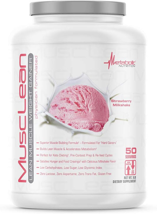 Metabolic Nutrition - Musclean - Milkshake, Whey High Protein Meal Replacement, Maintenance Nutrition, Low Carb, Keto Diet, Digestive Enzymes, Strawberry, 5 Pound (50 ser)