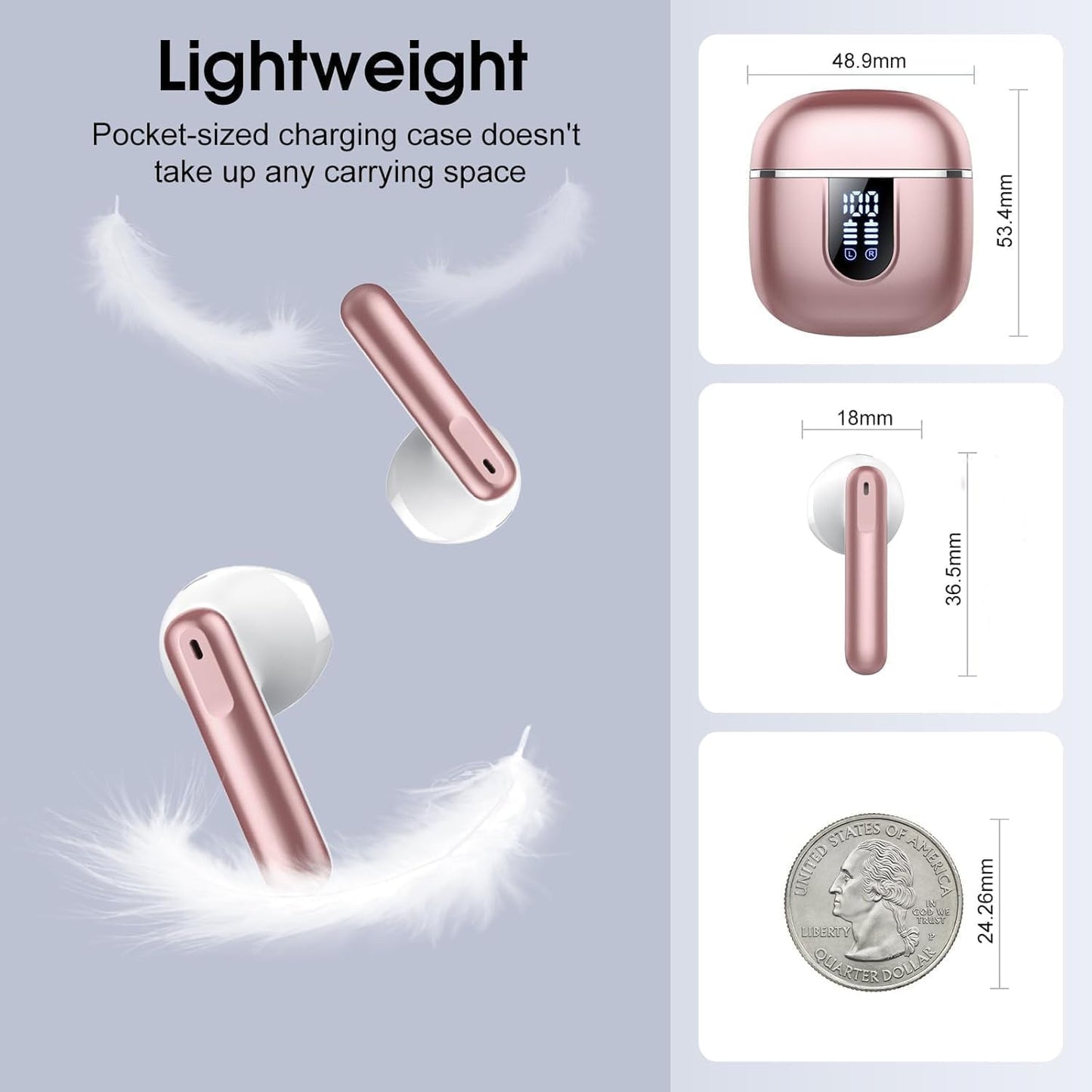 Wireless Earbuds, Bluetooth 5.4 Headphones with 3D Bass Stereo, 40H Ultralight in-Ear Buds, Bluetooth Earbuds with 4 ENC Noise Cancelling Mic, USB-C, IP7 Waterproof Earphones for Android iOS, Rose